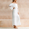 Best Quality White One Word Shoulder Lace Patchwork Sleeve Long One Piece Casual Dress